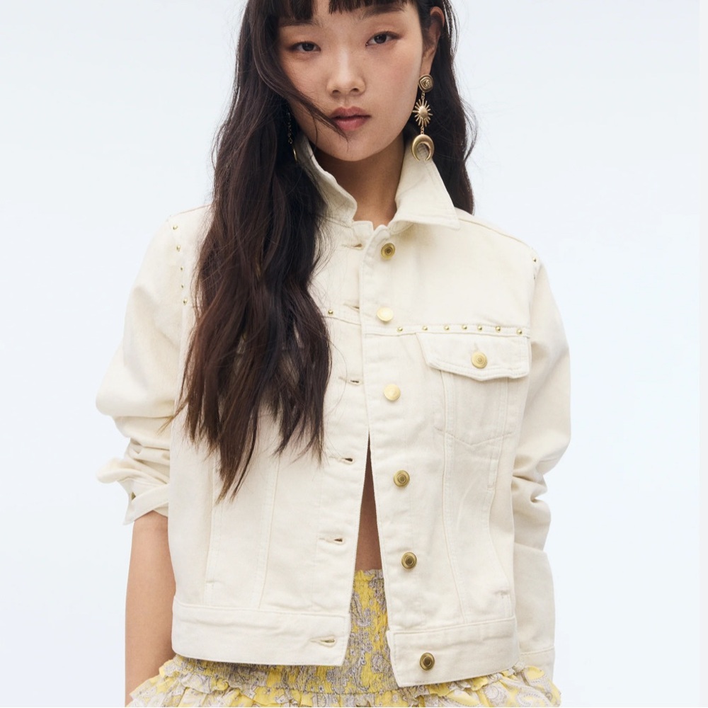 H&M Women's Cream Denim Jacket with Gold Studs